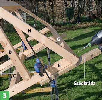 Bygga växthus mot vägg: Skruva fast takramen i trästommen Bygga växthus mot vägg: Skruva fast takramen i trästommen